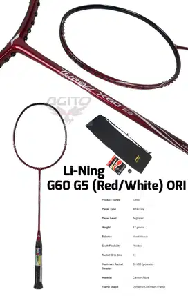 Raket Badminton Bulu Tangkis Li-Ning Lining Turbo X60 GS Red White ORI