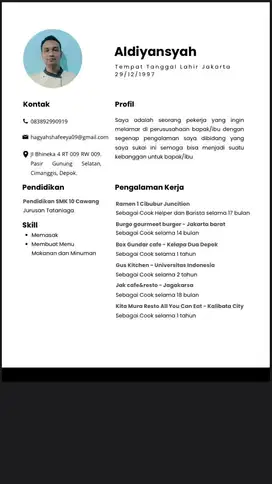 Cari kerja cook atau sous chef atau barista