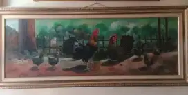 Lukisan Kanvas Lawas Keluarga Ayam