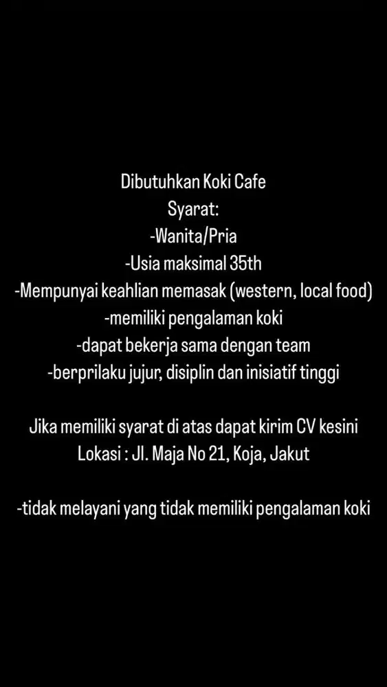 Dibutuhkan Segera Koki Cafe