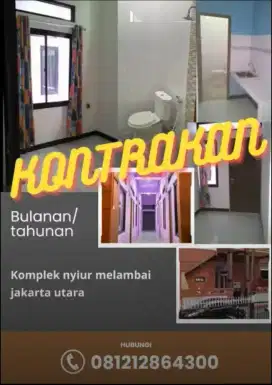 Kontrakan AC (ruang tamu, kamar tidur, kamar mandi, dapur)