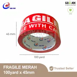 LAKBAN/TAPE/ISOLASI STAR TAPE FRAGILE MERAH JANGAN DIBANTING 100 YARD