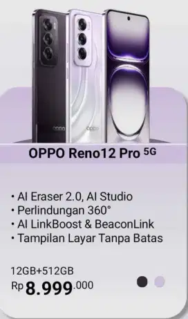 OPPO Reno12Pro 5G Ram 12+12/512GB, Tripel 50MP Camera,80W Gak pake DP