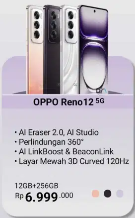 OPPO Reno12 5G Ram 12+12/256GB, 3D curvedDisplayAI phone80W, Tanpa Dp