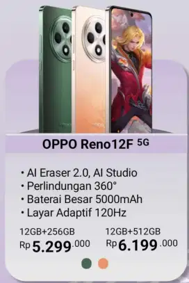 Oppo Reno12F 5G Ram 12+12/512GB, Hallo Light, AI Phone Tanpa Dp.0