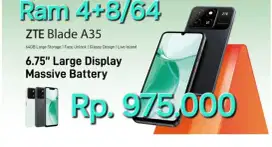 Murah new Hp ZTE A35 ram 4+8/64 layar besar 6,75in suport Cameron Ai