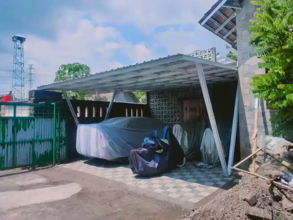 Kanopi, rangka atap baja ringan, plafon pvc, alumunium dan kaca