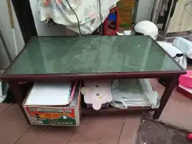 Meja kayu kuat, meja jadul, kaca tebal