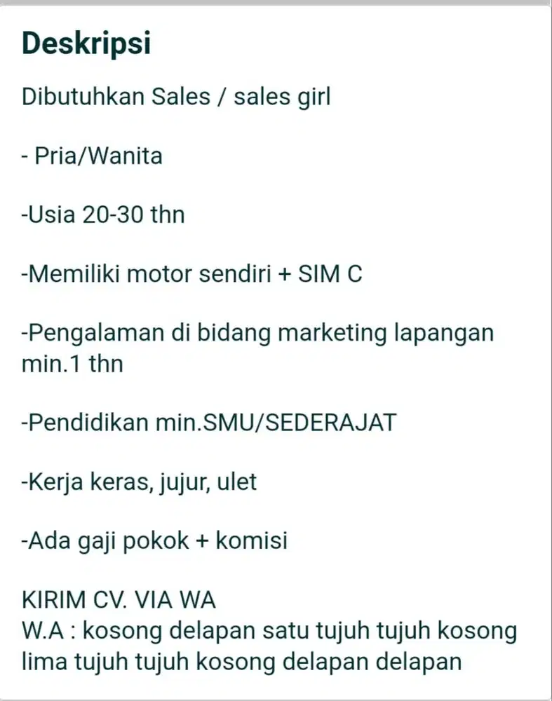 Lowongan Sales/marketing kantong plastik