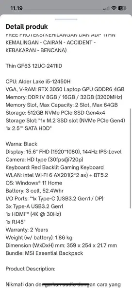 LAPTOP MSI GF63 12uc i5 RTX 3050 ram 8gb