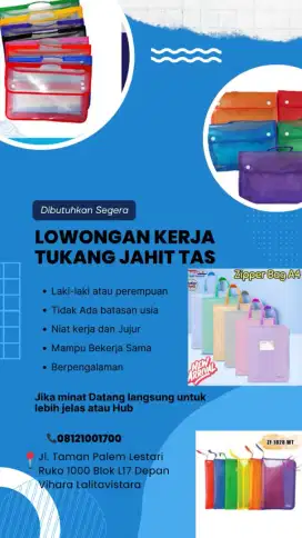 DiButuhkan Tukang Jahit Tas Zipper/Map Topla