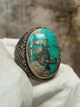 Cincin Pirus Persia Biru Serat Perak Natural Turquoise