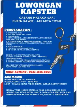 LOWONGAN KERJA BARBERMAN/CAPSTER/KAPSTER / TUKANG CUKUR DI BARBERSHOP