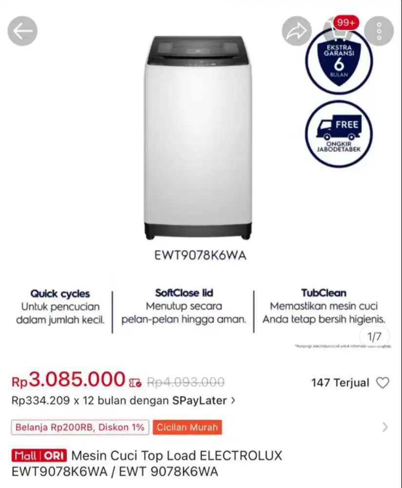 Mesin cuci Top Loading Electrolux