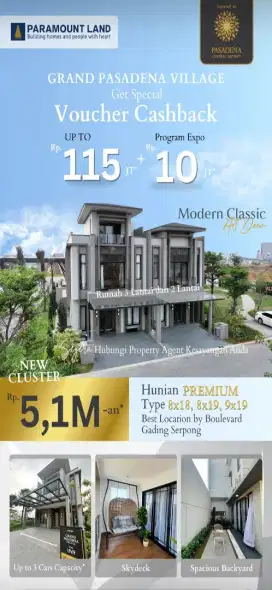 Grand pasadena village tembus bsd 5 menit ke mall tol & RS 4,9man 3lt
