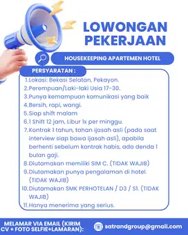 MOHON BACA DESKRIPSI! Lowongan House Keeping Hotel Apartemen Bekasi