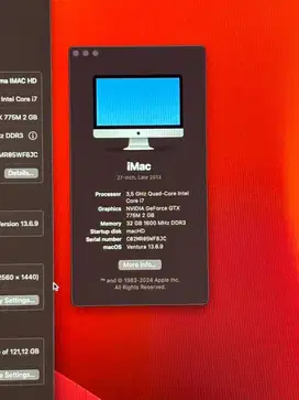 Imac 27 inc, late 2013, prosessor 3,5 GHz,  Quad core intel cor i7