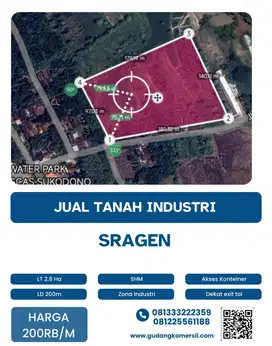 Dijual Lahan Zona Industri, Sukodono,Sragen,Luas 2,8Ha,Bu
