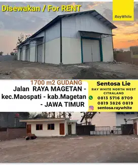 Disewakan 1700 m2 Gudang Raya Magetan -Kec.Maospati -Kab.Magetan JATIM