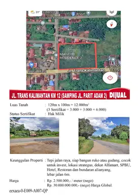 Tanah Jual Tepi Jalan Raya Transkalimantan - Kuburaya - Pontianak