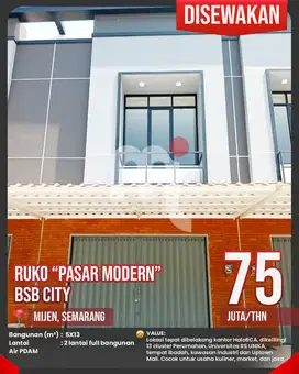 Disewakan Ruko Baru/Tempat Usaha PASMOD, Mijen Semarang BSBCity