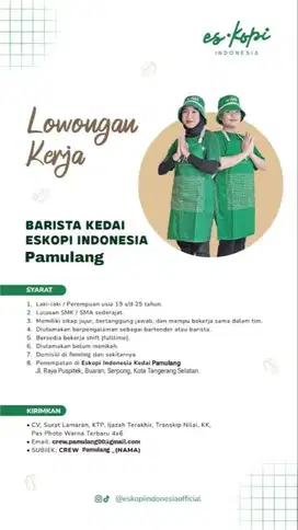 LOWONGAN BARISTA/ KASIR/ STAF ESKOPI INDONESIA PAMULANG