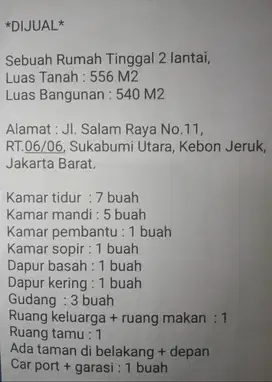 Jual  rumah di Jl. Salam ,Rawa Belong Jakarta Barat