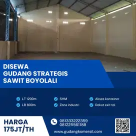 Disewakan Gudang Zona Industri Luas 1200m2 Lokasi Sawit Boyolali