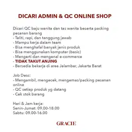 Lowongan Kerja Packing Online Shop & QC area Jelambar Jakarta Barat