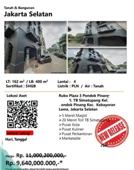 Dijual Ruko Plaza 3 Pondok Pinang Kebayoran Lama