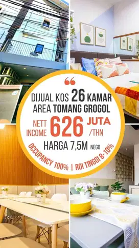 Jual Rumah Kos Grogol 26 Kamar Full Furnitur Mewah Selalu Penuh