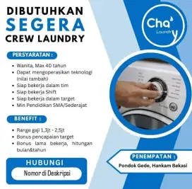 Dibutuhkan Segera Karyawan Laundry daerah Pondok Gede, Hankam Bekasi