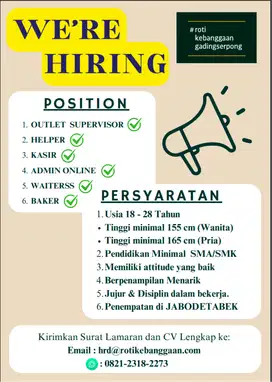 COOK / BAKER / HELPER / WAITERSS / KASIR / ADMIN ONLINE / DRIVER