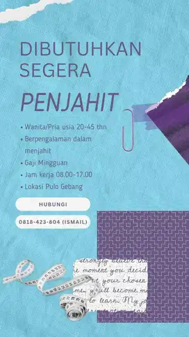 DIBUTUHKAN SEGERA PENJAHIT