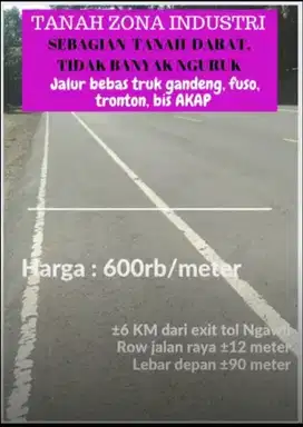 Tanah zona industri, hanya 6 KM dari exit tol Ngawi, tronton salipan