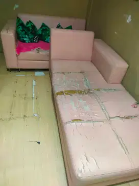 Sofa L second free bantal + cover sofa atas warna pink dan coklat