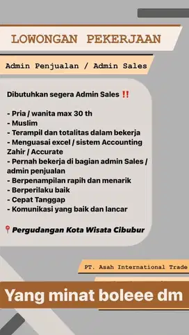 Loker Admin Support Sales Min. SMA open recruitment staff