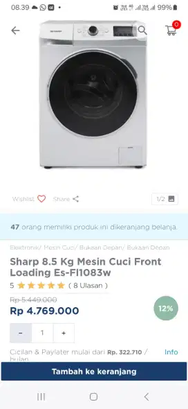 Sharp 8.5kg mesin cuci front loading