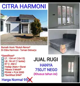 JUAL RUGI, Hitung Tanah Rumah Hook Di Citra Harmoni Trosobo