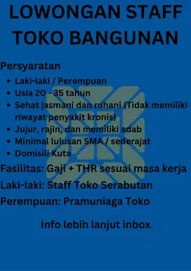 Lowongan Staff Toko Bangunan Kuta