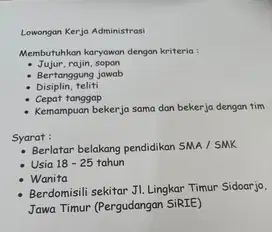 Lowongan administrasi lapangan