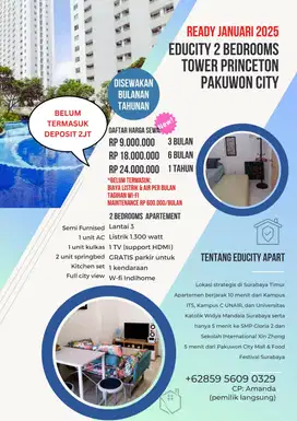 DISEWAKAN 9JUTA APARTEMEN EDUCITY TOWER PRINCETON PAKUWON SURABAYA