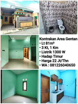 Kontrakan Area Gentan 3 Kamar, Hadap Timur, Dekat Laweyan, Purwosari