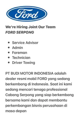 Lowongan Teknisi bengkel resmi FORD SERPONG