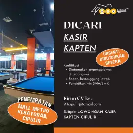 Lowongan Kasir dan Kapten Billiard cabang Jakarta Selatan