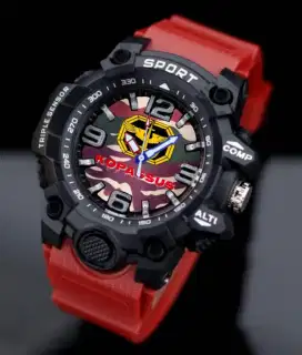 Jam Tangan Analog Sport Merah Custom Logo Kopasus Strap Rubber