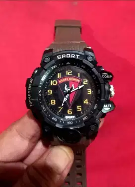 Jam Tangan Analog Sport Coklat Custom Logo Korp Brimob Strap Rubber