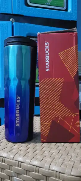 Tumblr Starbucks Gradien Biru Pola Berlian Vacuum Cup Stainless 473ml