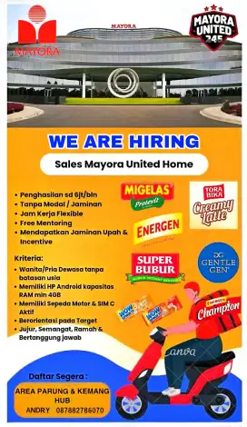 Urgent dibutuh kan segera,sales mayora divisi Muh(doortodoor/end user)