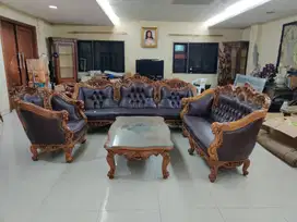 Kursi Meja Tamu Sofa Kulit Kayu Jati Set Ukiran Jepara